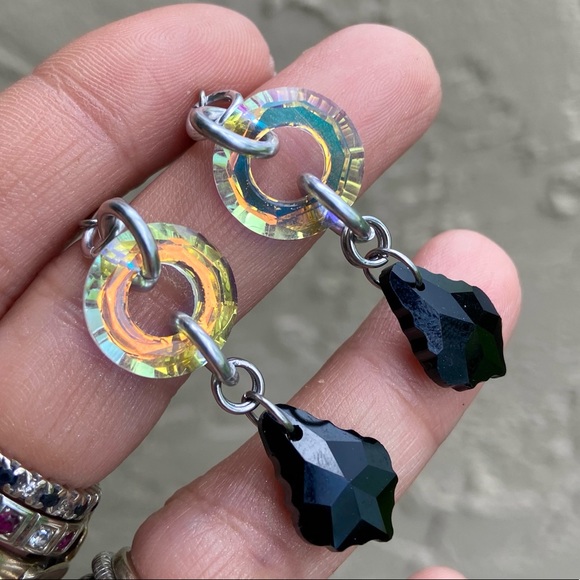 Iridescent rainbow Swarovski circle charms with black austrian crystals earrings - Picture 4 of 12